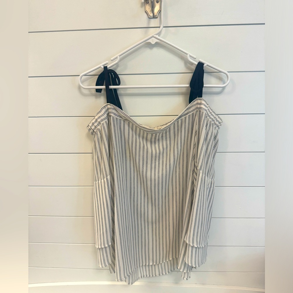 White House Black Market Black and White Striped Cold-Shoulder Blouse